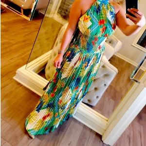Pleated Tropical Maxi Dress